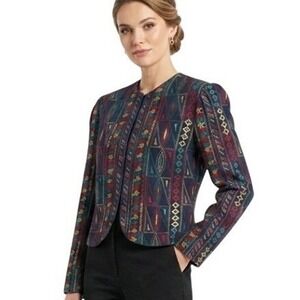 Jim Heilman Vintage Embroidered Jacket Women 12 Blue Multi Geometric Cropped USA
